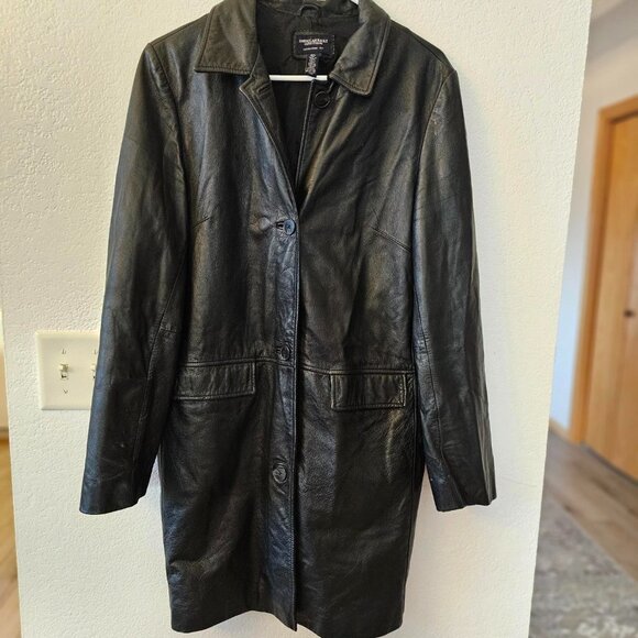 American Eagle Outfitters -  Long Black Leather Coat - Buttons Up - Lined  -Sz L - Picture 1 of 9